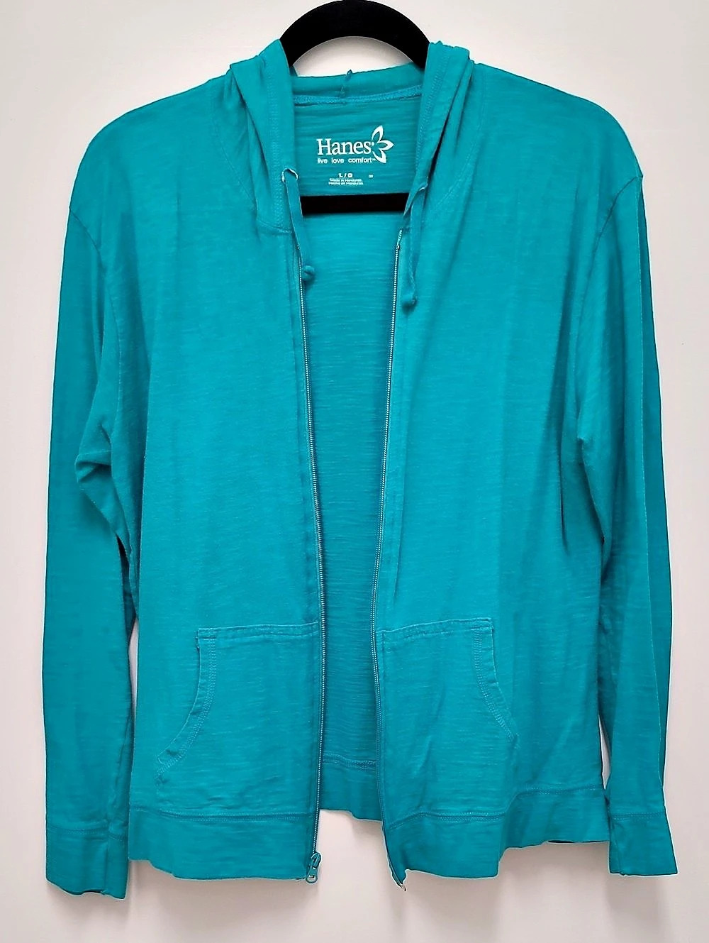 Hanes Full-Zip Slub Light Weight Hoodie Green Large